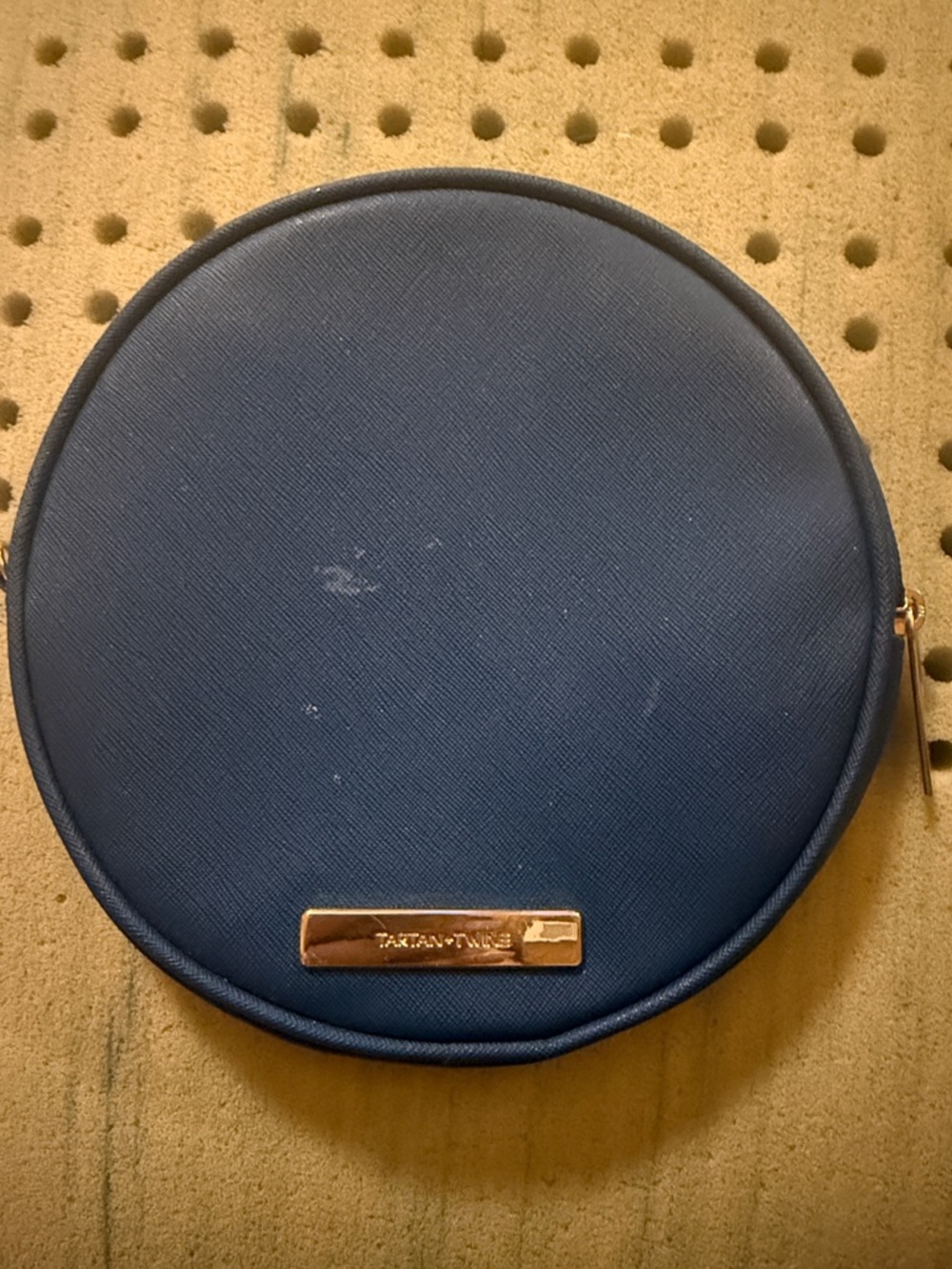 Round Navy Blue Cosmetic Case with Gold Plate